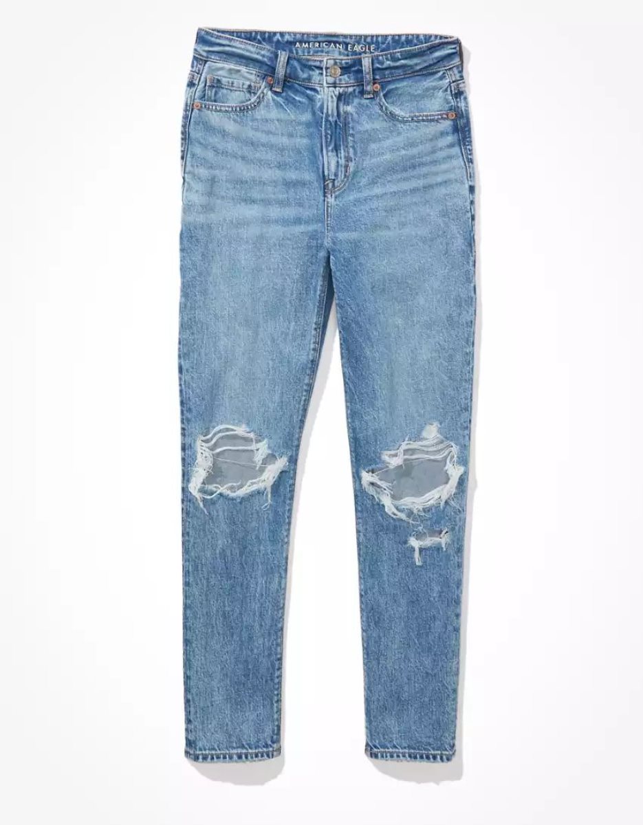 Jean American Eagle AE Strigid Ripped Mom Bleu Femme | ZPX-18371243